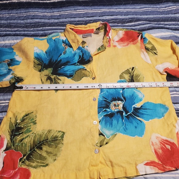 Chico's Size 1 (M) 100% Linen Shirt Yellow Floral Button Up FLAW - Picture 7 of 12